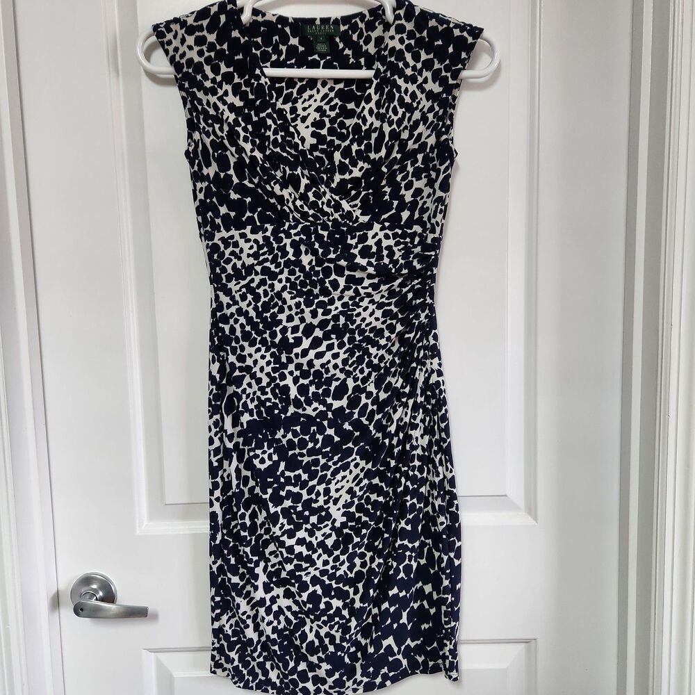 Lauren Ralph Lauren Size 4 Navy Blue White Abstract Print Surplice Dress Mod